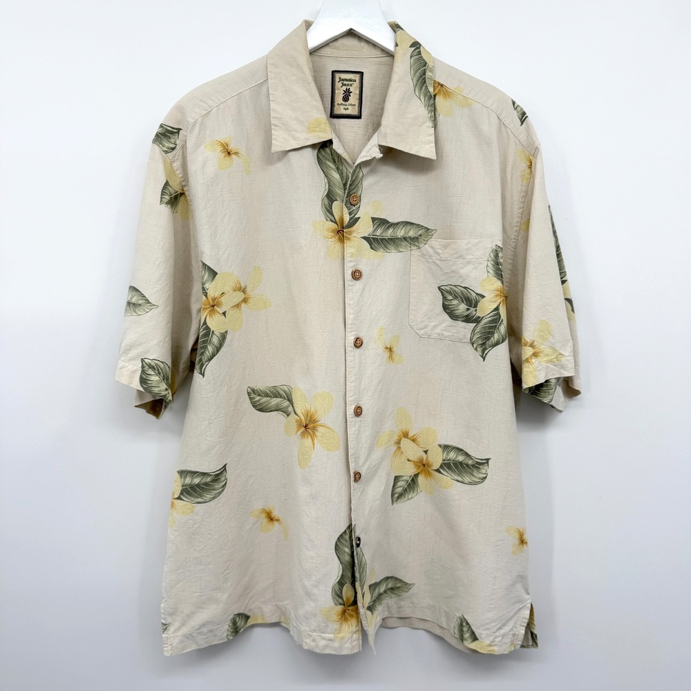 Jamaica Jaxx Hawaiian Shirt Mens Large 100% Silk Copyrighted Print Beach Coastal